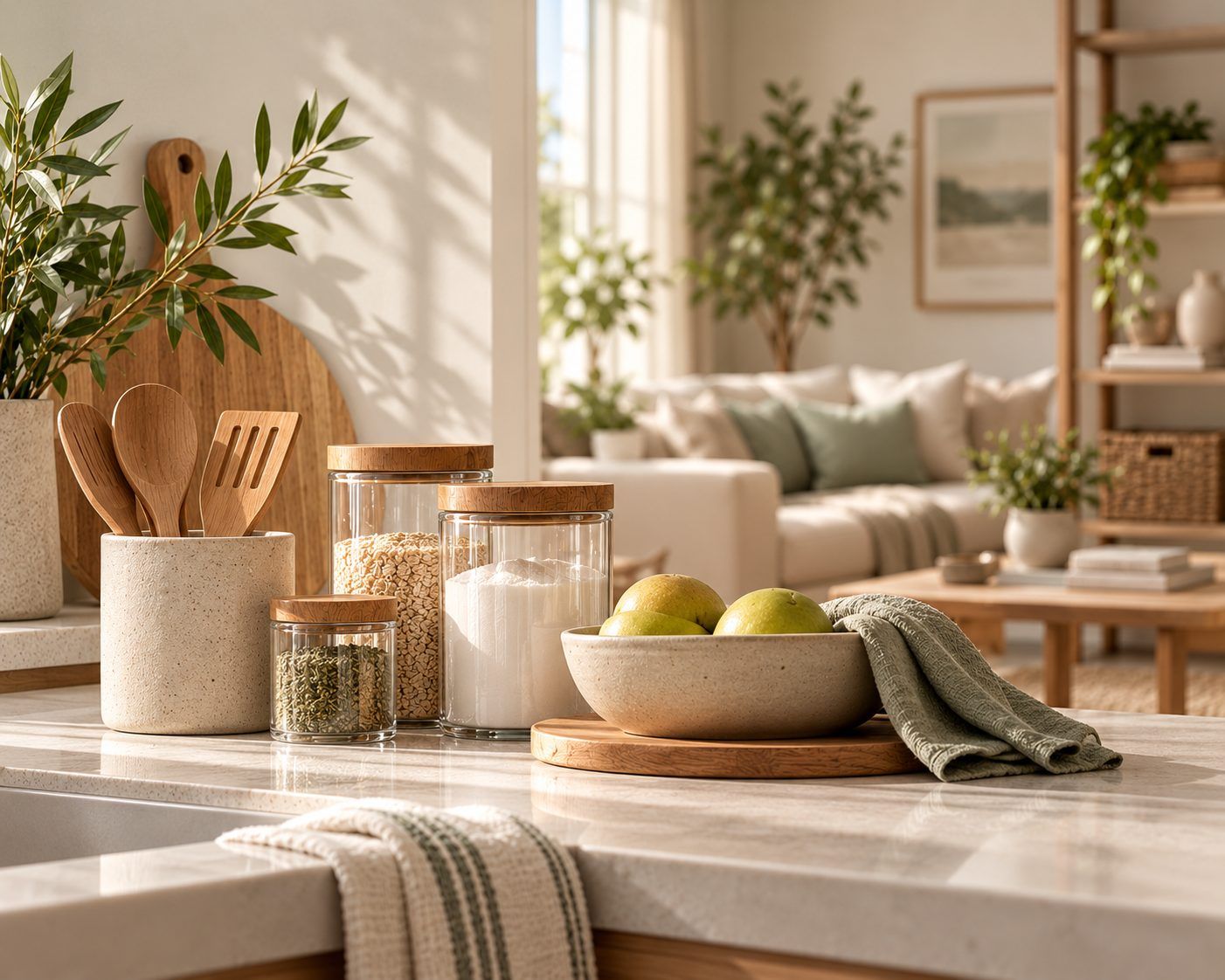 Bright, comfortable living room seen from a kitchen counter