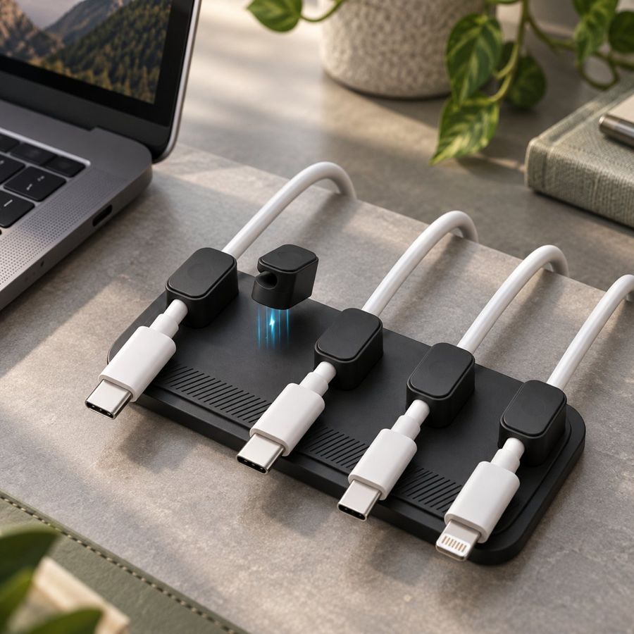 Magnetic cable holder with four white charging cables held in magnetic clips on a desk