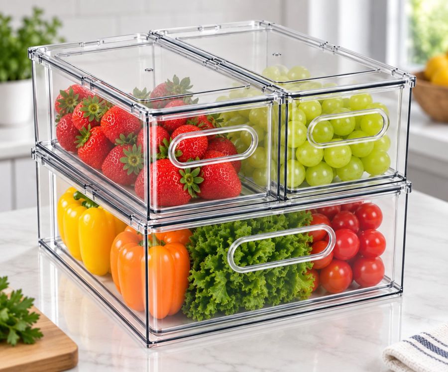 Three clear stackable fridge organizer bins with handles, filled with fruit and vegetables